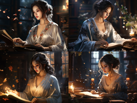 4k ancient style illustration. cai wenji, a beautiful woman in han dynasty, is wearing cyan-black ruqun and reading oriental ancient books in an ancient study. medium shot. warm light spreads everywhere. no modern elements. rich in light and shadow changes. the picture is full of classical and elegant beauty.