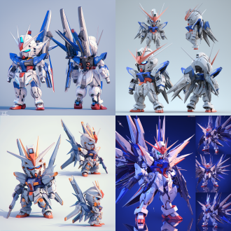 4k full-angle 3d toy model. the main body is freedom gundam. with front, side, and back views. full-body. neutral standing pose. simple background. chibi style. made with c4d. octane rendering. vivid colors. edge lighting. strong depth. super details. calm facial expression. subtle glowing effect around the edges.