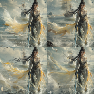 4k ancient style illustration. cai wenji, a beauty of the han dynasty with long black flowing hair. wears a ruqun and armor with light yellow and cyan-white patterns. holds a cyan sword. stands quietly on the water. in the background, there is a chinese sailing ship. surrounded by water splashes. several flying birds soar in the sky. full-body view. cold-toned atmosphere. yoshihiko yoshida style. with game cg quality. no modern elements. delicate changes in light and shadow.