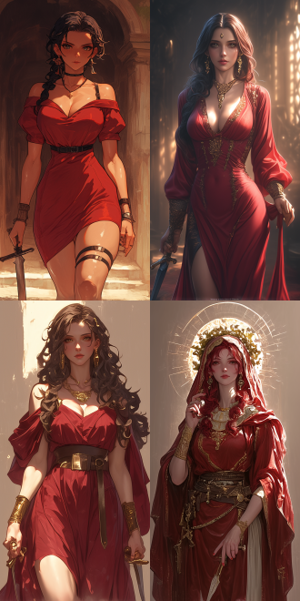 exquisite full body cgsociety style picture. a charming sicilian woman in gorgeous crimson clothes and a hot dress shows her graceful figure. she is like dionysus, holding sharp daggers and walking slowly towards you. a new anime character from the ancient world, integrating medieval art style, inspired by eva gonzalès, presenting a delicate velvet-like art texture.