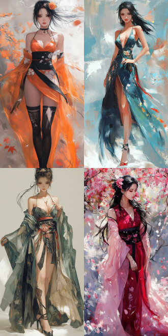 ross tran style，shitao style，a beautiful woman with pretty dress，火影忍者