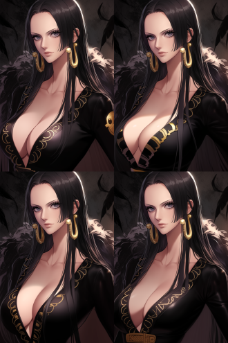 an anime character with long black hair, highly detailed. the style is similar to the works of tawaraya sōtatsu and nagasawa rosetsu，((anime))，the image is like boa hancock in one piece, with a graceful posture and noble, cold and charming temperament. the face is rich in details, the makeup is exquisite, and the texture is clear.