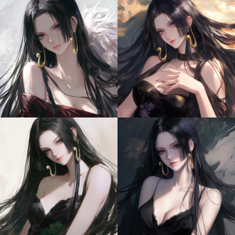 an anime character with long black hair, highly detailed. the style is similar to the works of tawaraya sōtatsu and nagasawa rosetsu，((anime))，the image is like boa hancock in one piece, with a graceful posture and noble, cold and charming temperament. the face is rich in details, the makeup is exquisite, and the texture is clear.