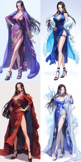 (full-body)，an anime character with long black hair, by tawaraya sōtatsu, by nagasawa rosetsu，(((anime)))，the image is like boa hancock in one piece, with a graceful posture and noble, cold and charming temperament. the face is rich in details, the makeup is exquisite, and the texture is clear，