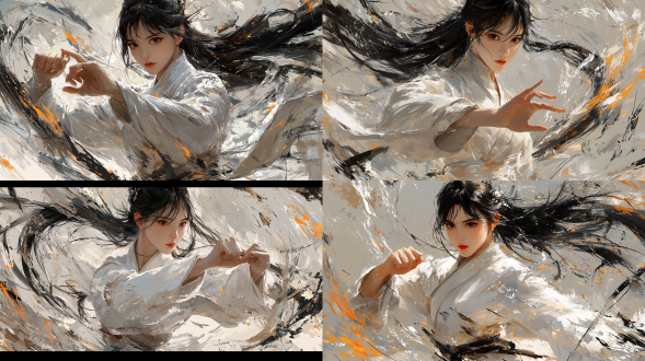 in mihoyo style, a charming mature woman in a martial arts setting. she is wearing a long and elegant traditional chinese gown, with long black hair tied in a low ponytail. her hand is placed on her chest and her expression is captivating. the posture is dynamic. the whole body is in the frame. digital art, high quality, ultra-high resolution, 8k, masterpiece.