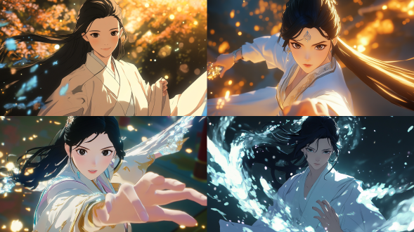 a fusion of anime and genshin impact style. the main subject is a charming mature woman, wearing a gorgeous long robe. she has long black hair tied in a low ponytail. with her hand on her chest and a charming expression, she is in a dynamic martial arts pose. a full-body shot shows her charm and temperament. the background is filled with shimmering mysterious light special effects to enhance the atmosphere. the picture is colorful and full of fantasy.