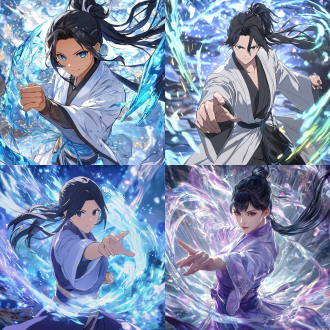 a fusion of anime and genshin impact style. the main subject is a charming mature woman, wearing a gorgeous long robe. she has long black hair tied in a low ponytail. with her hand on her chest and a charming expression, she is in a dynamic martial arts pose. a full-body shot shows her charm and temperament. the background is filled with shimmering mysterious light special effects to enhance the atmosphere. the picture is colorful and full of fantasy.