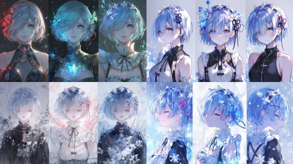 三分构图， an anime character with short blue hair, highly detailed. the style is similar to the works of tawaraya sōtatsu and nagasawa rosetsu. the image is like rem, with a graceful posture and noble temperament. the face is rich in details, the makeup is exquisite, the texture is clear, and the contrast of light and shadow is strong.
