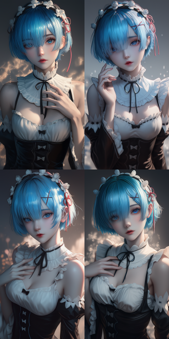 an anime character with short blue hair, presented in 3d impasto paintings style. extremely detailed. the style is similar to the works of tawaraya sōtatsu and nagasawa rosetsu. the image is like rem, with a graceful posture and noble temperament. the face has exquisite makeup, clear texture, and strong contrast of light and shadow,the composition is based on the rule of thirds，