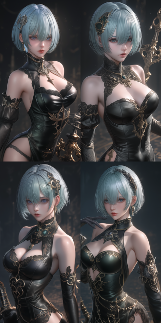 an anime character with short blue hair, presented in 3d impasto paintings style. extremely detailed. the style is similar to the works of tawaraya sōtatsu and nagasawa rosetsu. the image is like rem, with a graceful posture and noble temperament. the face has exquisite makeup, clear texture, and strong contrast of light and shadow,the composition is based on the rule of thirds，