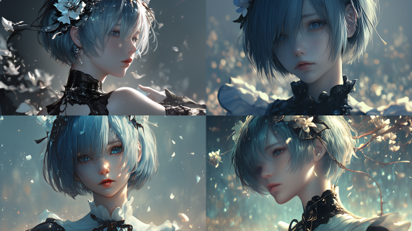 an anime character with short blue hair, presented in 3d impasto paintings style. extremely detailed. the style is similar to the works of tawaraya sōtatsu and nagasawa rosetsu. the image is like rem, with a graceful posture and noble temperament. the face has exquisite makeup, clear texture, and strong contrast of light and shadow,the composition is based on the rule of thirds，