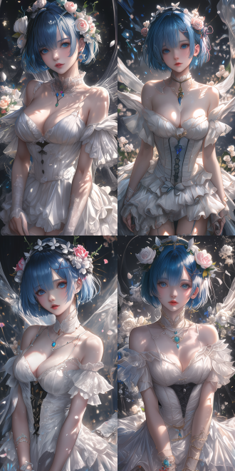 an anime character with short blue hair, presented in 3d impasto paintings style. extremely detailed. the style is similar to the works of tawaraya sōtatsu and nagasawa rosetsu. the image is like rem, with a graceful posture and noble temperament. the face has exquisite makeup, clear texture, and strong contrast of light and shadow,the composition is based on the rule of thirds，