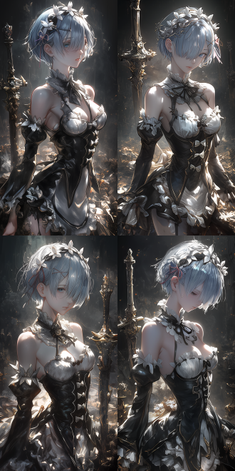 an anime character with short blue hair, presented in 3d impasto paintings style. extremely detailed. the style is similar to the works of tawaraya sōtatsu and nagasawa rosetsu. the image is like rem, with a graceful posture and noble temperament. the face has exquisite makeup, clear texture, and strong contrast of light and shadow,the composition is based on the rule of thirds，