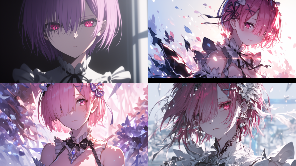 an anime character with short pink hair extremely detailed. the style is similar to the works of tawaraya sōtatsu and nagasawa rosetsu. the image is like rem, with a graceful posture and noble temperament. the face has exquisite makeup, clear texture, and strong contrast of light and shadow,the composition is based on the rule of thirds，