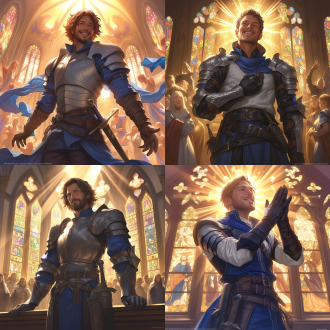 超写实风格，搞笑， 年轻男人，没有胡子， in the magnificent church, light, the man known as the most despicable paladin in history, is dressed in magnificent paladin armor, with golden light shining all around him. there is a sly smile on his face, and behind him are the angry angels, the helpless evil gods, the furious dragons and the frightened demons. the picture is solemn and dramatic, with interlaced light and shadow.