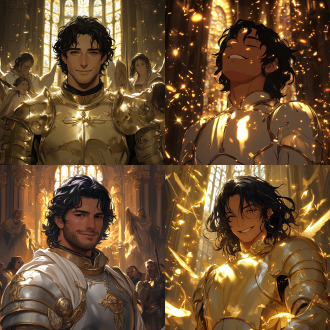 卡通动漫插画，2d，坏笑， 年轻男人，没有胡子， 黑色头发， in the magnificent church, light, the man known as the most despicable paladin in history, is dressed in magnificent paladin armor, with golden light shining all around him. there is a sly smile on his face, and behind him are the angry angels, the helpless evil gods, the furious dragons and the frightened demons. the picture is solemn and dramatic, with interlaced light and shadow.