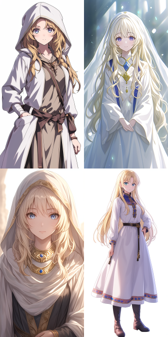 anime cgi style，(((anime))) ，an extremely charming anime woman character with long blond hair，白色圣袍，the image is reminiscent of the sword maiden in (goblin slayer)，details crafted to the extreme，the style is similar to the works of tawaraya sōtatsu and nishikawa rosetsu，graceful posture, noble temperament. the face features extremely exquisite makeup, in a dynamic pose， rich in color, clear texture and a strong contrast of light and shadow，
