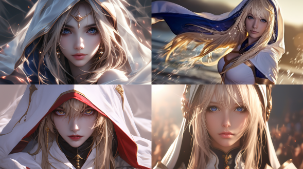 超写实照片,anime cgi style, 腿部以上，(((anime))), an extremely charming anime woman character with long blond hair, in a white sacred robe, the image evokes the (sword maiden) in goblin slayer, with details crafted to the extreme. the style is reminiscent of the works of tawaraya sōtatsu and nishikawa rosetsu, featuring a graceful posture and a noble temperament. the face boasts extremely exquisite makeup, in a dynamic pose, rich in color, with clear texture and a strong contrast of light and shadow，