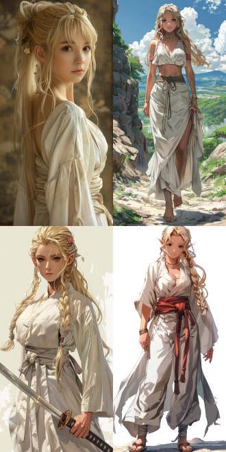 ultra-realistic photo style, anime cgi style, full body view. an extremely charming anime blonde woman, dressed in a pure white sacred robe, resembling the sword maiden in goblin slayer. the details are elaborately crafted. blending the styles of tawaraya sōtatsu and nishikawa rosetsu. bending with a slight hip lift and the upper body leaning forward. the makeup on her face is extremely exquisite. bright and vivid color, clear texture, and a strong contrast of light and shadow.