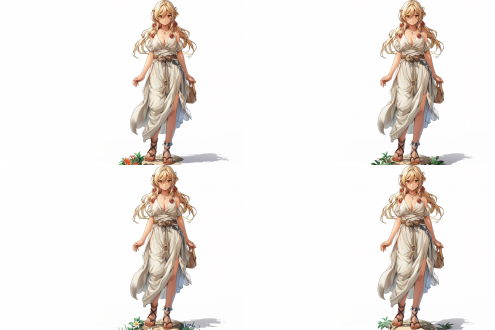 anime cgi style, full body view. an extremely charming anime blonde woman character in a white sacred robe, just like the sword maiden in goblin slayer. the details are elaborately crafted to the extreme. the style is similar to a fusion of the works of tawaraya sōtatsu and nishikawa rosetsu. bending with a slight hip lift and the upper body leaning forward, the posture is elegant and noble. the face has extremely exquisite makeup. bright and vivid color, clear texture, and a strong contrast of light and shadow.
