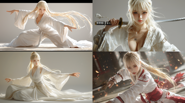ultra-realistic photo style, anime cgi style, full body view. an extremely charming anime blonde woman, wearing a pure white sacred robe, like the sword maiden in goblin slayer. elaborately crafted details, fusing the styles of tawaraya sōtatsu and nishikawa rosetsu. slightly lifting the hips, bending down and leaning forward with the upper body. the makeup on her face is exquisite. vivid colors, clear textures, and a strong contrast of light and shadow,