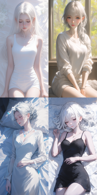 ultra-realistic photo style, anime cgi style ，full body side view. an anime character , like the sword maiden in goblin slayer. with white hair, stooping and bending the hips, the upper body sprawled on the mattress, clear texture, strong contrast of light and shadow, and bright colors.