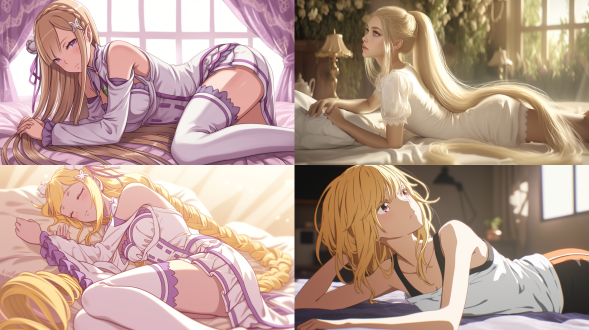 ultra-realistic style，anime cgi style. an anime character with long golden hair, similar to emilia from re:zero - starting life in another world ，(((anime)))，her hip is slightly uplifted, sprawled on the mattress，迷人，in a dynamic posture and side view. the entire scene is colorful, rich in details，透视构图，