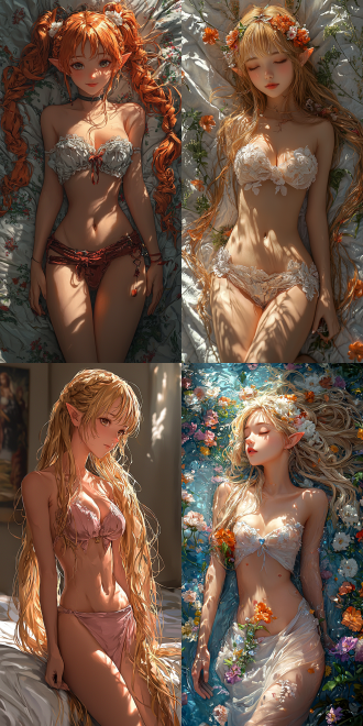 anime cgi style, (japanese anime),style an anime character with long golden hair, similar to emilia from re:zero - starting life in another world, an elf,her hip is slightly uplifted, sprawled on the mattress, charming, plump，in a dynamic posture and side view. the entire scene is colorful, rich in detail, with a perspective composition，