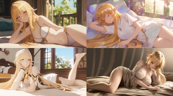 ultra-realistic style, anime cgi style. an anime character with long golden hair, similar to a character in genshin impact, charming, plump. an elf,her hip is slightly uplifted, sprawled on the mattress. anime. in a dynamic posture and side view. the entire scene is colorful, the texture is clear, with a perspective composition，