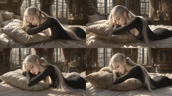 ultra-realistic style, anime cgi style. an anime character with silver twin ponytails are hanging down, similar to a character in genshin impact, charming, plump. an elf,(her hip is slightly uplifted), sprawled on the mattress. anime. in a dynamic posture and oblique side view. the entire scene is colorful, the texture is clear, with a perspective composition, contrast of light and shadow is remarkable