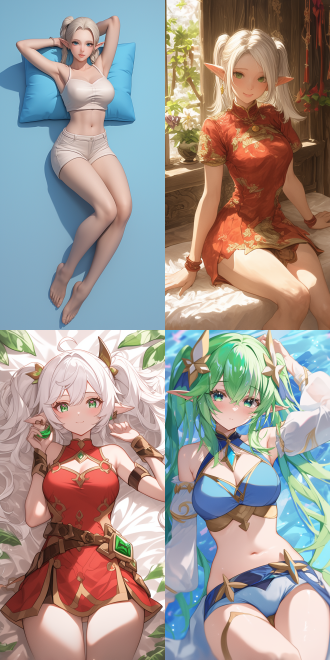 ultra-realistic style, anime cgi style. an anime character with twin ponytails are hanging down, similar to a character in genshin impact, charming, plump. an elf,(her hip is slightly uplifted), sprawled on the mattress. anime. in a dynamic posture and oblique side view. the entire scene is colorful, the texture is clear, with a perspective composition, contrast of light and shadow is remarkable