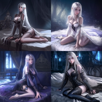 realistic anime style, cg. a night queen, full body. she has a graceful and charming figure. wearing gorgeous clothes, she is kneeling on a mattress in a dynamic pose. the background is mysterious, exuding a powerful aura. the picture style is mysterious and charming, 精灵， like a fantasy painting.