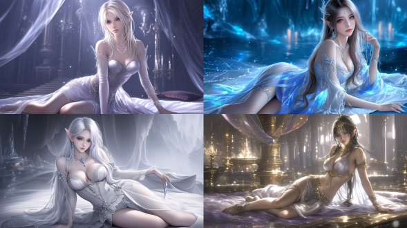 realistic anime style, cg. a night queen, full body. she has a graceful and charming figure. wearing gorgeous clothes, she is kneeling on a mattress in a dynamic pose. the background is mysterious, exuding a powerful aura. the picture style is mysterious and charming, like an elf， like a fantasy painting.