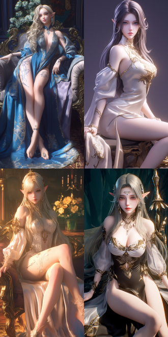 realistic anime style, 虚幻5渲染 cg , 写实背景， a night queen, tawny skin, (full body). she has a graceful and charming figure. wearing gorgeous clothes, exquisite makeup，(her hip is slightly uplifted) and torso is lying on the mettess in a dynamic pose. , like an elf，back view, perspective view, 4k,纹理清晰细腻，光影对比强烈