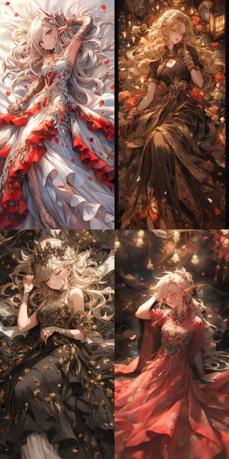 epic battle fantasy style, in the style of ayami ,realistic background. a night queen , fantasy tawny skin, (full body). she has a graceful and charming figure. wearing exquisite clothes, delicate makeup, (her hip is elevated) and her torso sprawled on the mattress in a dynamic pose. like an elf, viewed from the back, perspective view, 4k resolution, with clear and fine textures, and strong light and shadow contras.