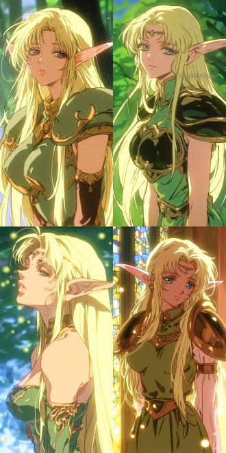 natalie epic battle fantasy，anime，a beautiful and charming elf named deedlit from record of lodoss war. she has long golden hair and pointed ears, wearing a flowing green dress with intricate details. the lights rich and clear colors. the picture has a three-dimensional effect.