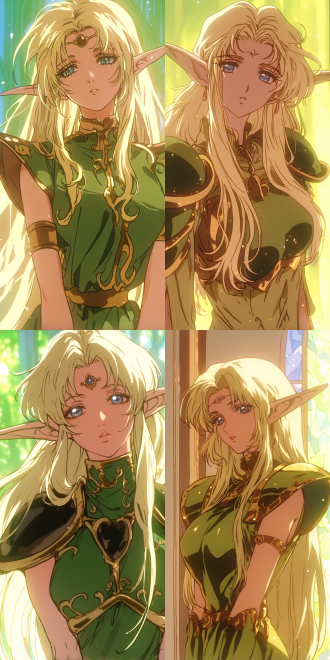 natalie epic battle fantasy，anime，a beautiful and charming elf named deedlit from record of lodoss war. she has long golden hair and pointed ears, wearing a flowing green dress with intricate details. the lights rich and clear colors. the picture has a three-dimensional effect.