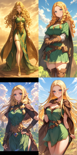 anime cgi style. natalie from epic battle fantasy. she has long golden hair and pointed ears, wearing a flowing green dress with intricate details and a brown cape. age 20. good figure with long legs. standing on the battlefield plain, behind her is a battlefield filled with billowing smoke. 目光坚毅， exquisite makeup. in the style of ayami, perfect shading. rich colors, perspective view,