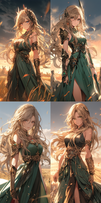 anime cgi style. natalie from epic battle fantasy. she has long golden hair and pointed ears, wearing a flowing green dress with intricate details and a brown cape. age 20. good figure with long legs. standing on the battlefield plain, behind her is a battlefield filled with billowing smoke. eyes resolute, exquisite makeup. in the style of ayami, perfect shading. rich colors, perspective view.