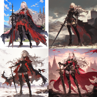 in the style of ayami, natalie from epic battle fantasy. she has grayish-white hair, wears a bright red battle garment and a black cape. age 20. good figure with long legs. she standing on the battlefield plain, behind her is a bcastle，the sky is dim and the land is desolate. eyes resolute, exquisite makeup. perfect shading，rich colors, the camera is rotated 30 degrees to take the shot. perspective view,