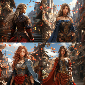 semi-realistic photo. in anime cgi style. there is an anime character similar to a swordsman in fire emblem engage. long hair tied in a ponytail. wearing gorgeous clothing with patterns and a cloak. delicate decorations and with a weapon. she holds the cloak with one hand. beautiful hip curve and long legs. standing in a lively medieval street. the sky is blue with white clouds. exquisite makeup. prominent beauty mark at the corner of the eye. mouth slightly open with charming red lips. natural hand movements. normal hands and fingers. strong contrast of light and shadow. rich and intense colors. the camera is rotated 30 degrees to take the shot. high quality..