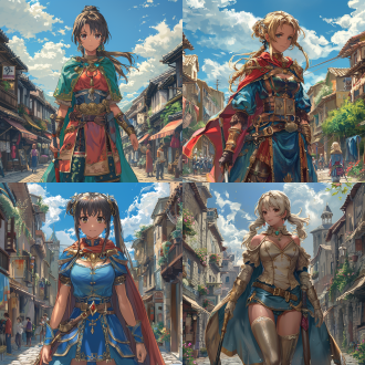 semi-realistic photo. in anime cgi style. there is an anime character similar to a swordsman in fire emblem engage. long hair tied in a ponytail. wearing gorgeous clothing with patterns and a cloak. delicate decorations and with a weapon. she holds the cloak with one hand. beautiful hip curve and long legs. standing in a lively medieval street. the sky is blue with white clouds. exquisite makeup. prominent beauty mark at the corner of the eye. mouth slightly open with charming red lips. natural hand movements. normal hands and fingers. strong contrast of light and shadow. rich and intense colors. the camera is rotated 30 degrees to take the shot. high quality..