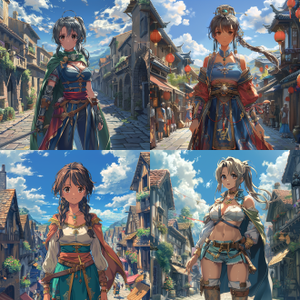 semi-realistic photo. in anime cgi style. there is an anime character similar to a swordsman in fire emblem engage. long hair tied in a ponytail. wearing gorgeous clothing with patterns and a cloak. delicate decorations and with a weapon. she holds the cloak with one hand. beautiful hip curve and long legs. standing in a lively medieval street. the sky is blue with white clouds. exquisite makeup. prominent beauty mark at the corner of the eye. mouth slightly open with charming red lips. natural hand movements. normal hands and fingers. strong contrast of light and shadow. rich and intense colors. the camera is rotated 30 degrees to take the shot. high quality..