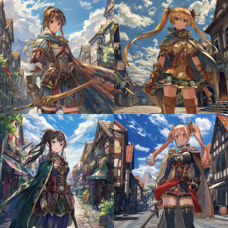 semi-realistic photo. in anime cgi style. there is an anime character similar to a swordsman in fire emblem engage. long hair tied in a ponytail. wearing gorgeous clothing with patterns and a cloak. delicate decorations and with a weapon. she holds the cloak with one hand. beautiful hip curve and long legs. standing in a lively medieval street. the sky is blue with white clouds. exquisite makeup. prominent beauty mark at the corner of the eye. mouth slightly open with charming red lips. natural hand movements. normal hands and fingers. strong contrast of light and shadow. rich and intense colors. the camera is rotated 30 degrees to take the shot. high quality..