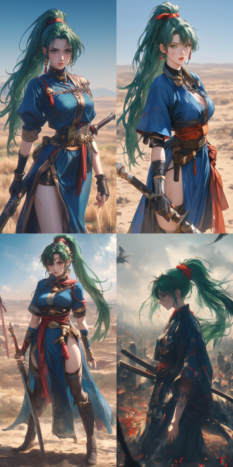 semi-realistic photo. anime cgi style. lyn from fire emblem engage. long green hair in a high ponytail with a red hair band. full body view. wearing damaged nomadic blue robe battle attire and holding a weapon. standing on a war plain. the sky is dim. surrounded by battle marks and with obvious battle scars on her body. delicate makeup. the beauty mark at the corner of the eye is striking. red lips are charming. mouth slightly open. sharp gaze. hands and fingers are normal. the camera is rotated 30 degrees for shooting. strong contrast of light and shadow. rich and intense colors. high quality. ultra-high resolution 16k. a masterpiece. no modern elements.