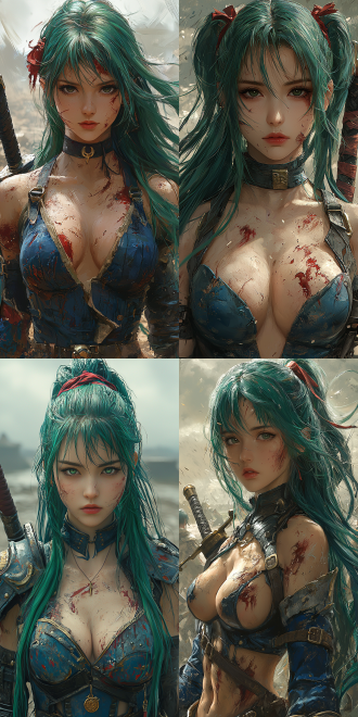 semi-realistic anime cgi photo. lyn from fire emblem engage. long green hair in a high ponytail with a red hair band. wearing damaged blue battle attire and holding a weapon. surrounded by obvious signs of battle and with scars on her body. standing on a war plain with a dim sky. exquisite makeup. prominent beauty mark at the corner of the eye. charming red lips and mouth slightly open. sharp gaze. normal hands and fingers. the camera is rotated 30 degrees for shooting. strong contrast of light and shadow. rich and intense colors. high quality, ultra-high resolution 16k. a masterpiece. no modern elements.