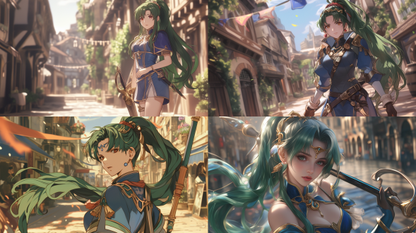 semi-realistic anime cgi photo. (anime). fire emblem engage style, lyn from fire emblem engage. long green hair in a high ponytail with a red hair band. wearing blue attire with delicate decorations and holding a weapon. charming hips and long legs. located in a lively medieval street. exquisite makeup with a prominent beauty mark at the corner of the eye. mouth slightly open with charming red lips. normal hand movements. healthy hands and fingers. the style is similar to the works of tawaraya sōtatsu and nishikawa rosetsu. the camera is rotated 30 degrees for shooting. strong contrast of light and shadow. rich and intense colors. clear texture. high quality, ultra-high resolution 16k. a masterpiece，