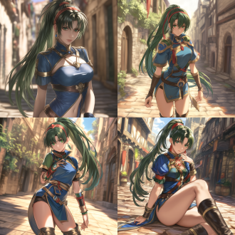 anime digital photo, in anime cgi style. lyn from fire emblem engage. straight long green hair in a high ponytail with a red hair band. wearing blue exquisite clothing and short leather boots. charming hips and long legs. exquisite makeup with a prominent beauty mark at the corner of the eye. mouth slightly open with charming red lips. normal hand movements. healthy hands and fingers. located in a medieval street. the background has rich colors. the style is similar to the works of tawaraya sōtatsu and nishikawa rosetsu. using a perspective view. the camera is rotated 30 degrees for shooting. strong contrast of light and shadow. rich colors and clear texture. high quality, ultra-high resolution 16k,