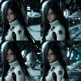 动画 cgi with unreal engine 5, in a hyper-realism style. an anime character resembling no.18 from dragon ball, with long flowing black hair. dressed in extremely cool cyberpunk sci-fi equipment and clothing. a charming figure with exquisite makeup, set in the cyber-tech botanical garden. above the dome is a pitch-black starry sky. the spaceship in the background is faintly visible. the camera is rotated 30 degrees for the shot. realistic texture, vivid colors. the picture is brimming with a strong sense of futurism