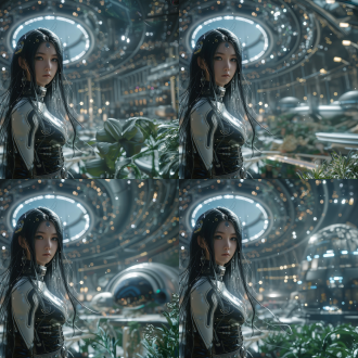动画 cgi with unreal engine 5, in a hyper-realism style. an anime character resembling no.18 from dragon ball, with long flowing black hair. dressed in extremely cool cyberpunk sci-fi equipment and clothing. a charming figure with exquisite makeup, set in the cyber-tech botanical garden. above the dome is a pitch-black starry sky. the spaceship in the background is faintly visible. the camera is rotated 30 degrees for the shot. realistic texture, vivid colors. the picture is brimming with a strong sense of futurism